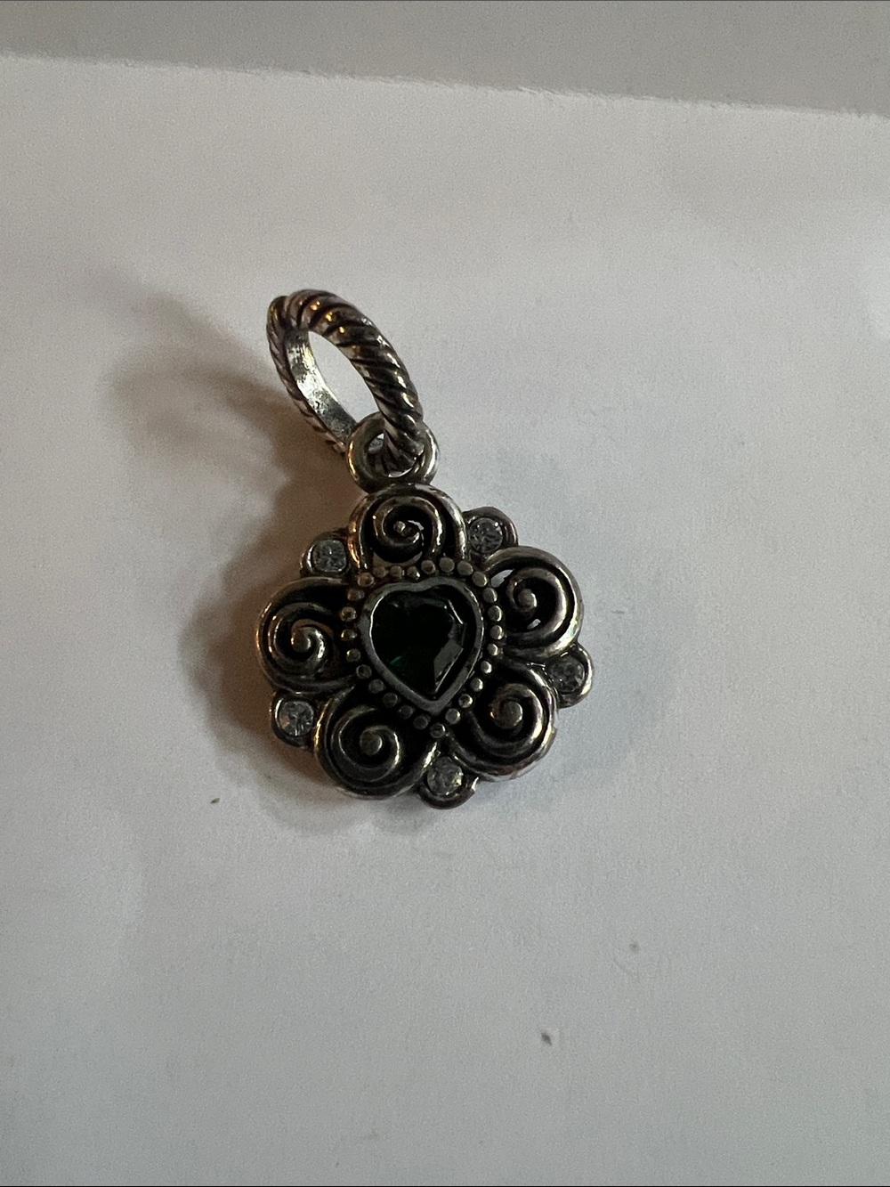 Brighton Silver Floral Heart Pendant with Dark Green Center